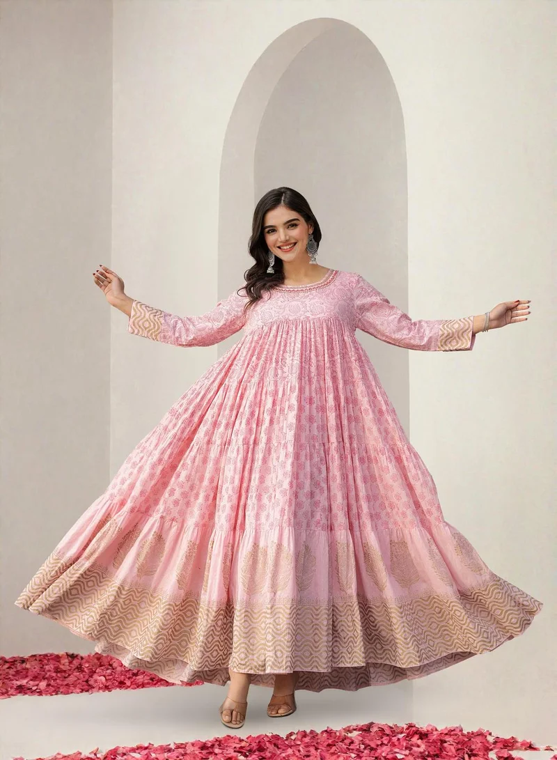 ISHIN Women's Pink 100% Cotton Embellished Midi Kaftan Straight Fit Dress